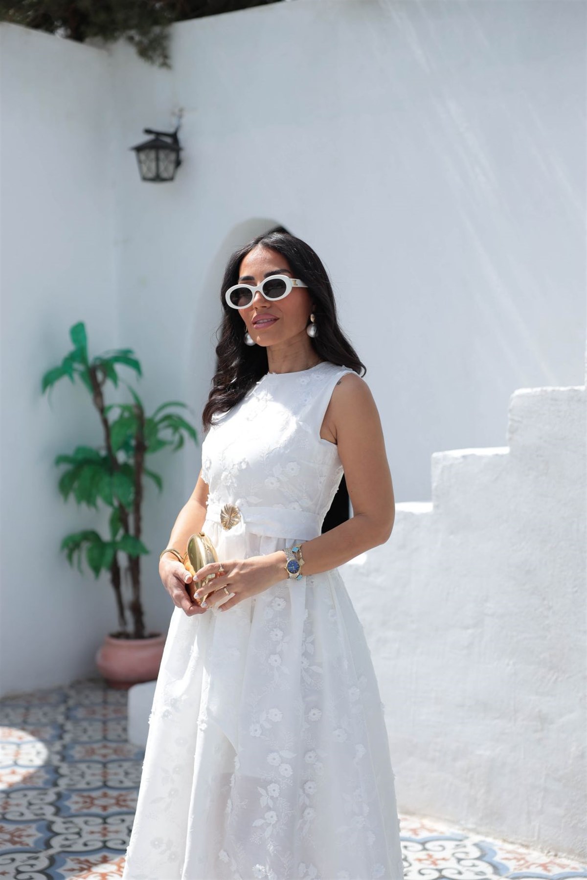 9596 İşleme Detaylı Kemerli Elbise BEYAZ