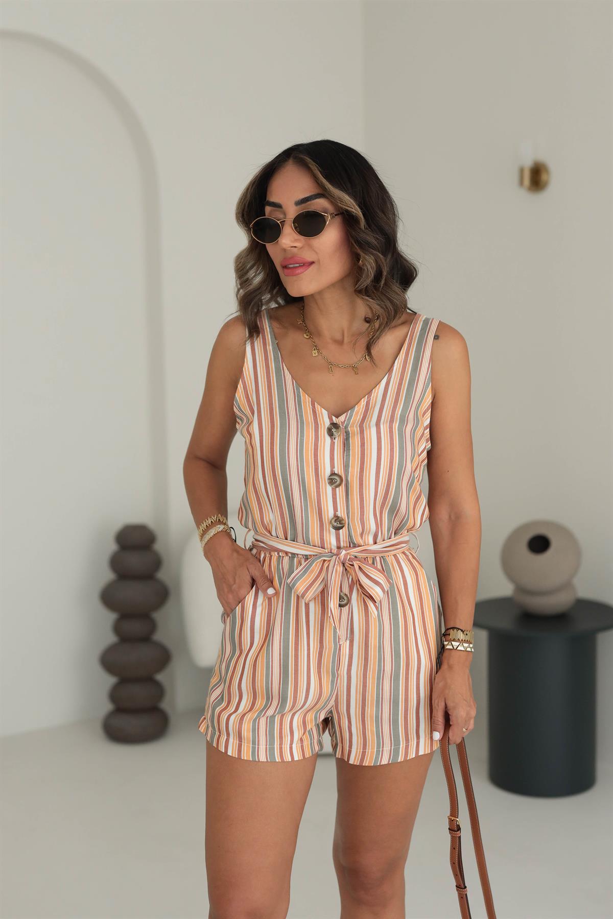 5088 Çizgili Şortlu Tulum