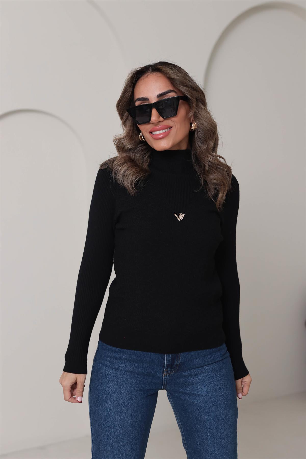 0248 Korspan Dik Yaka V Armalı Yumuşak Triko SİYAH
