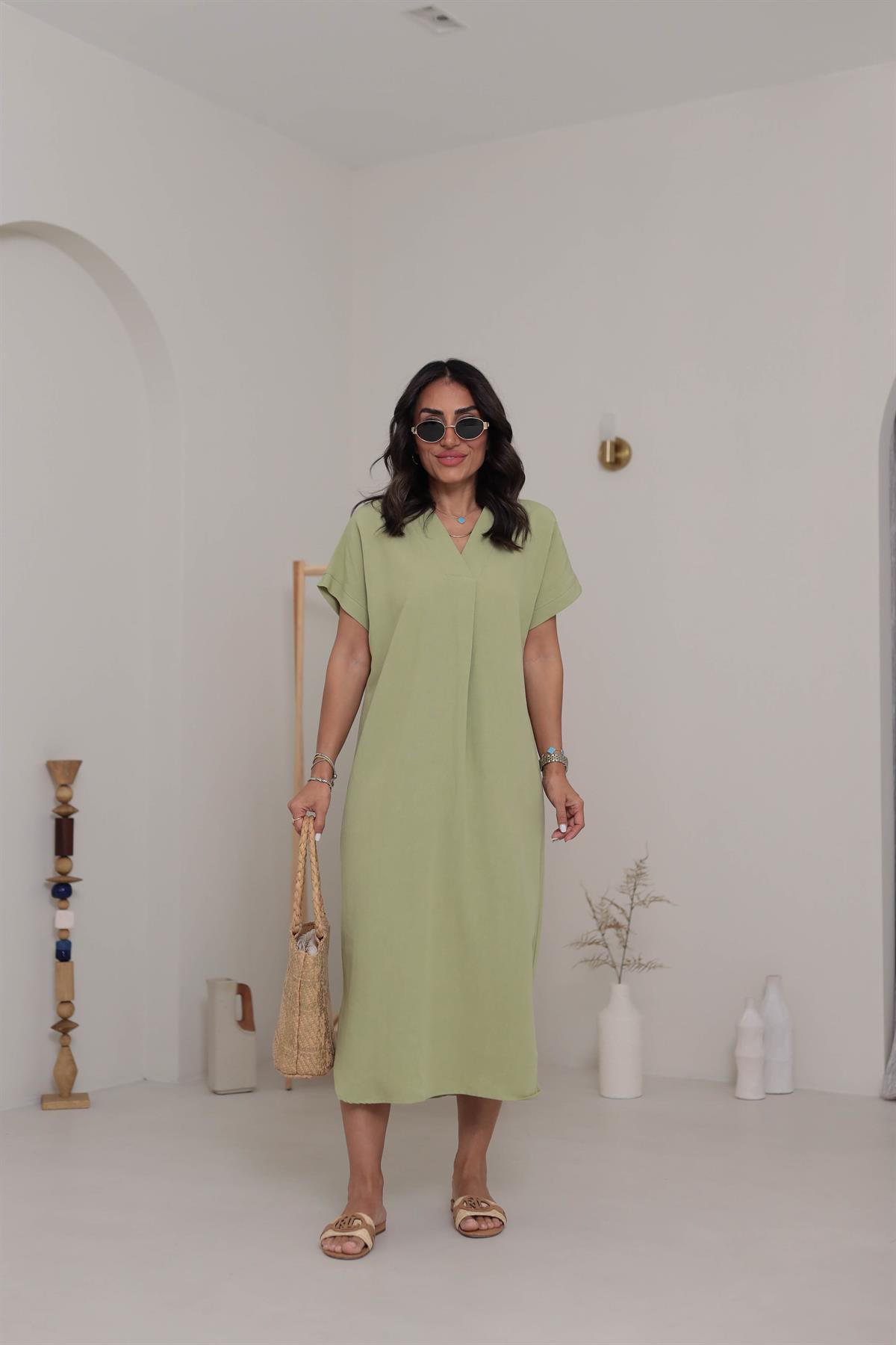 5998 V Yaka Rahat Terni Elbise ÇAĞLAYEŞİL
