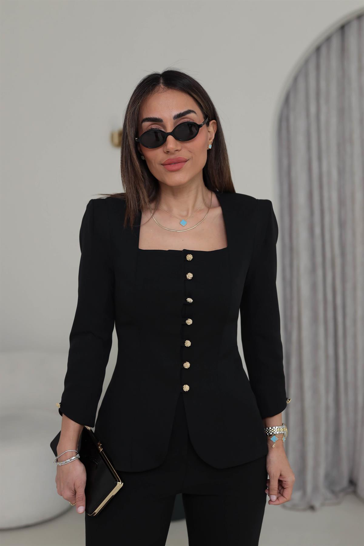 8637 Kare Yaka Gold Düğmeli Blazer Ceket SİYAH