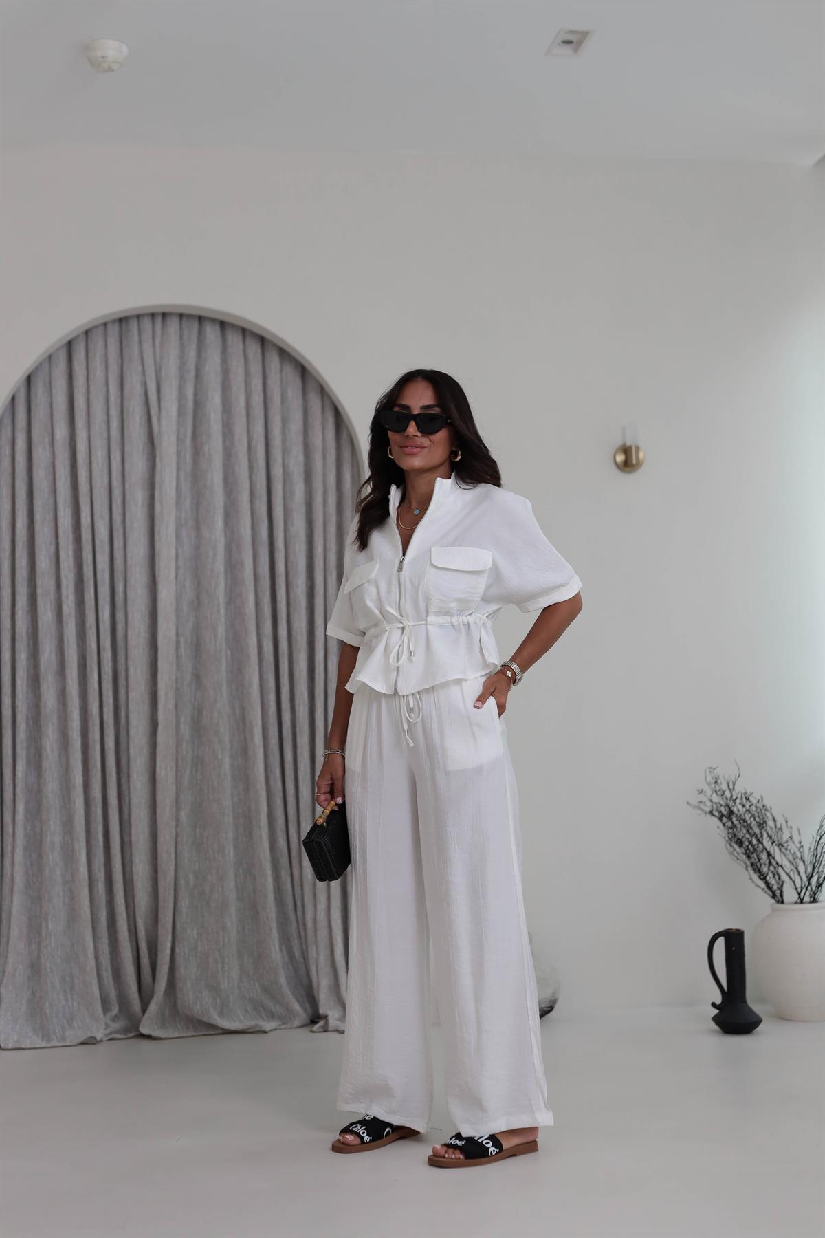 0343 Cep Kapaklı Bel Büzgülü Gömlek & Pantolon Takım EKRU
