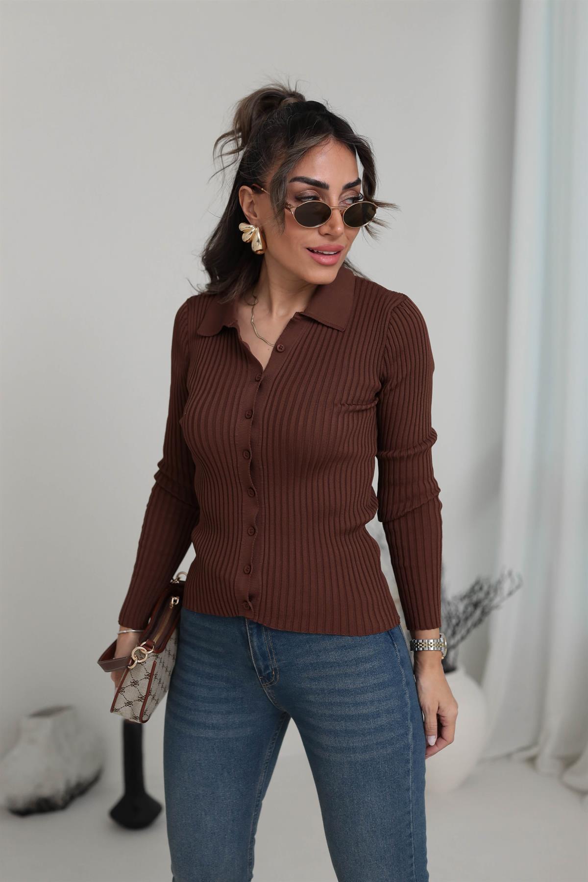 0701 Polo Yaka Fitilli Triko Hırka KAHVE