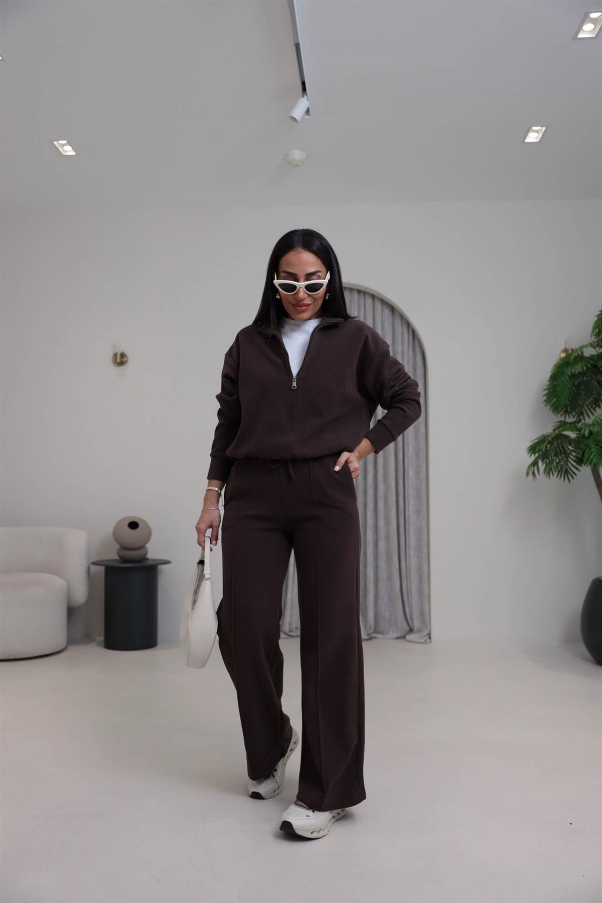 0122 Yarım Fermuarlı Tshirt Garnili Selanik Kumaş Takım KAHVE