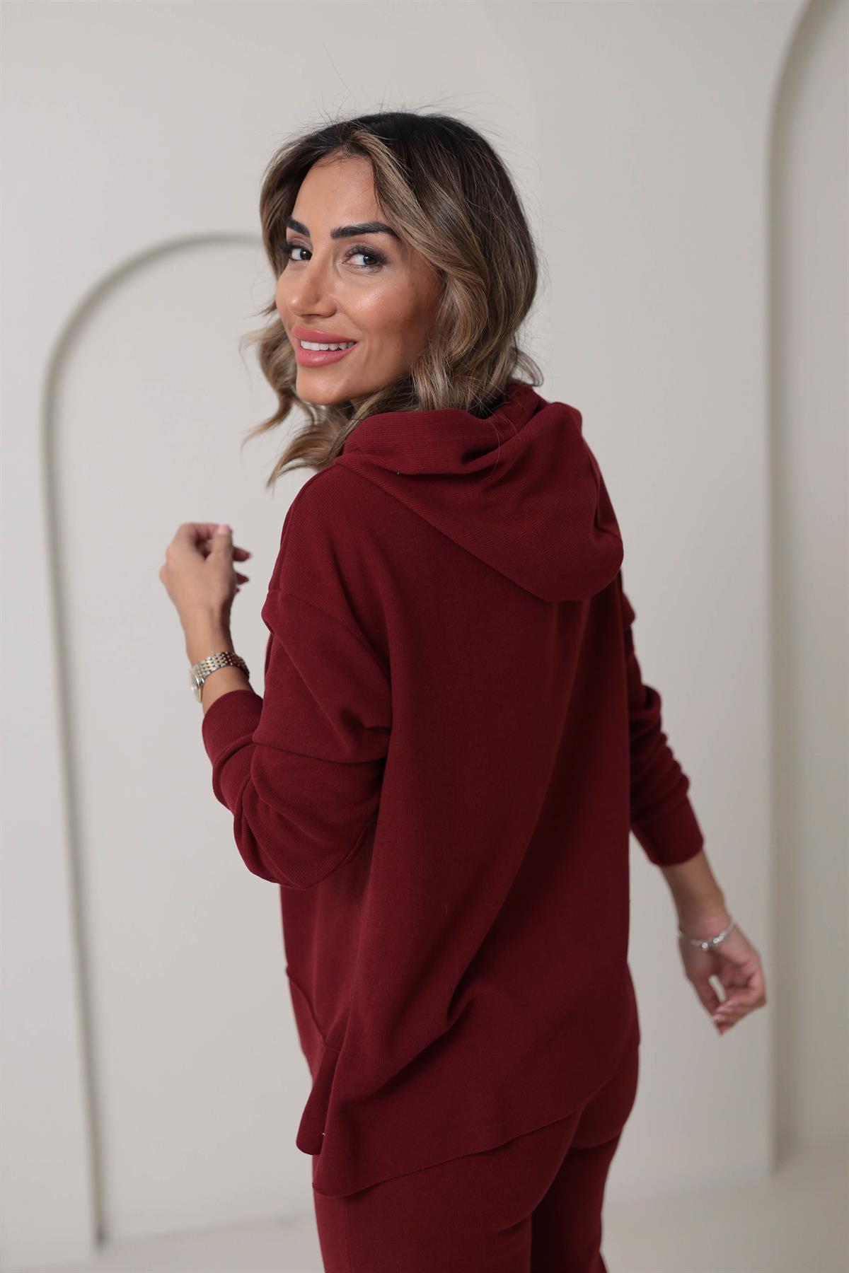 09T2 Ön Dikiş Detaylı Dokulu Rahat Takım BORDO