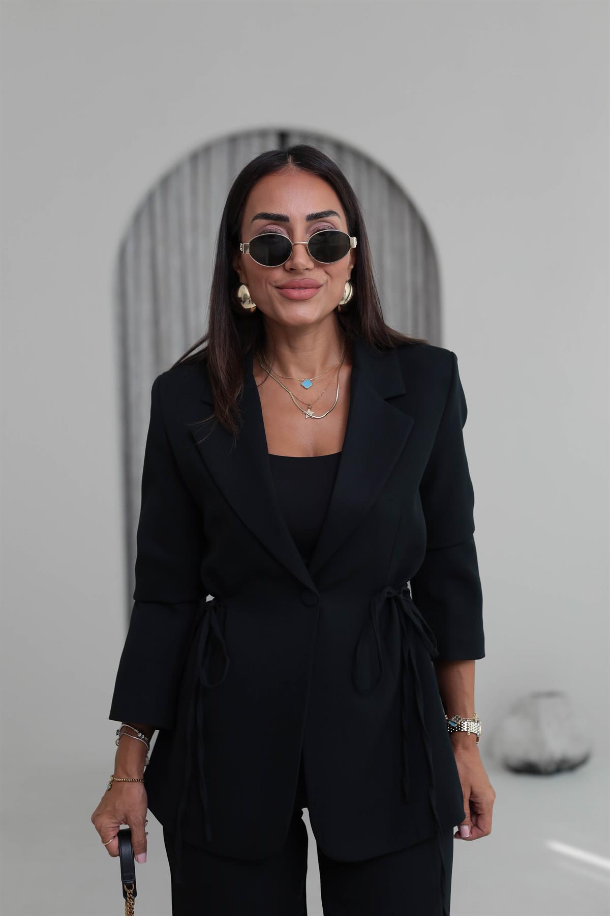 9241 Bağlamalı Oversize Ceketli Takım SİYAH