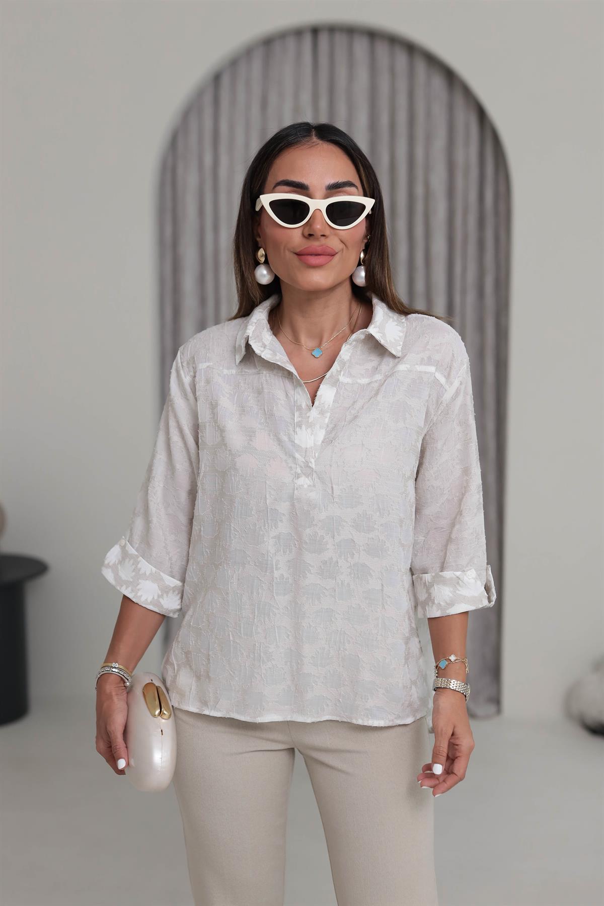 9432 Desenli Jakarlı Gömlek Bluz EKRU-BEJ