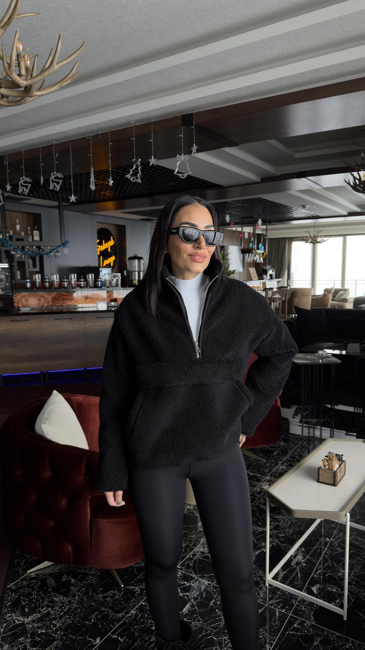 0628 Yarım Fermuarlıı Kanguru Cep Teddy Sweatshirt SİYAH