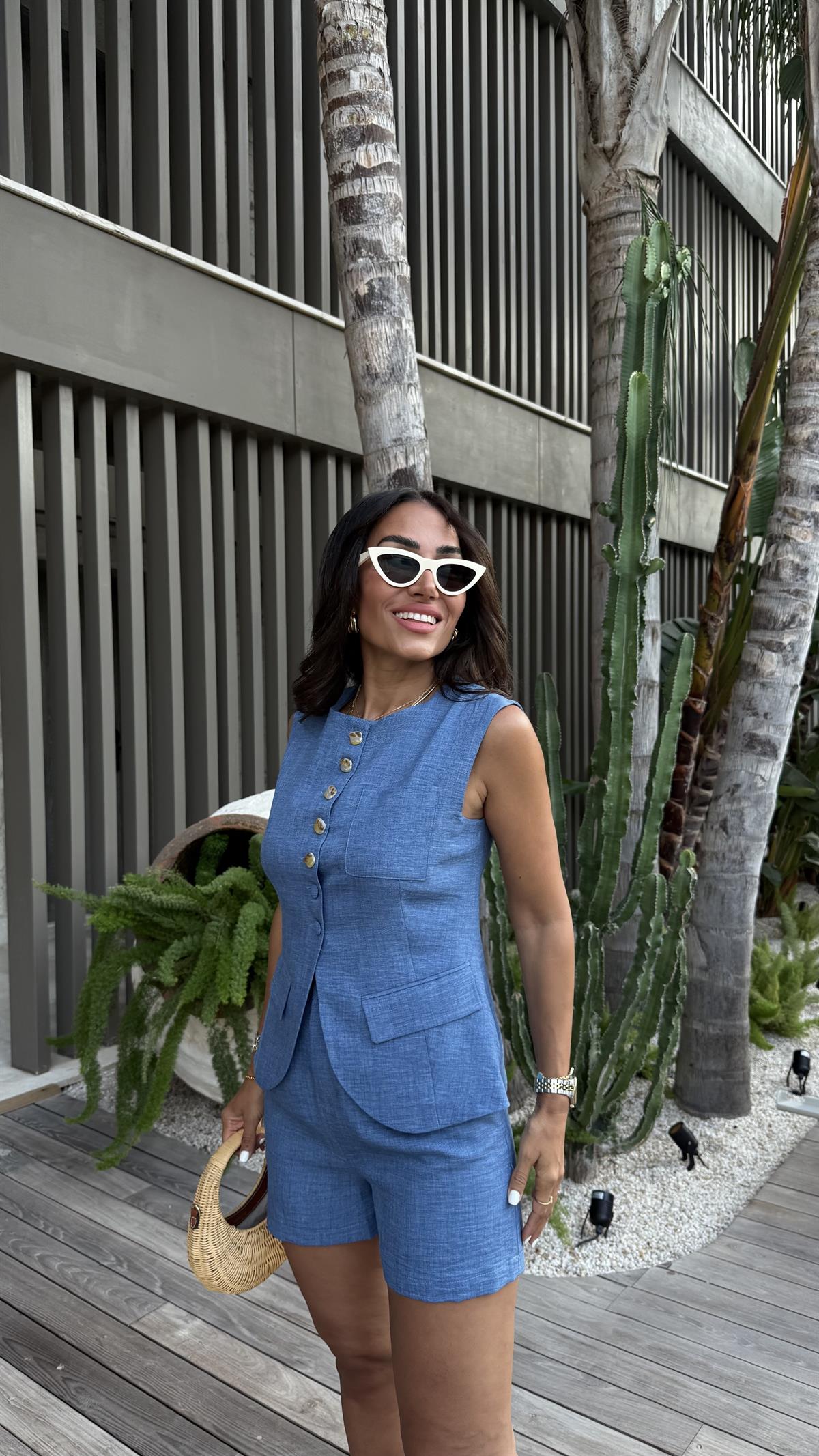 0284 Düğme Detaylı Dokuma Yelek & Şort Takım Indigo