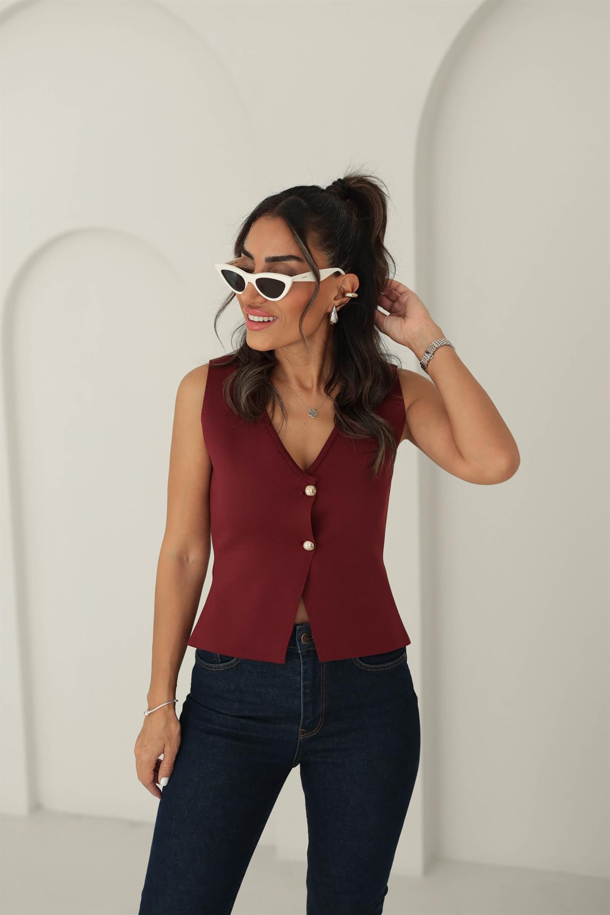 4449 Gold Düğmeli Triko Yelek BORDO