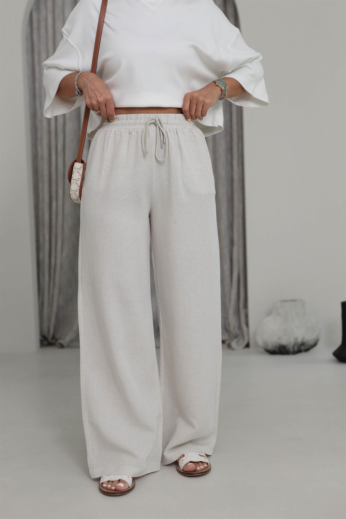 0298 Bel Lastikli Keten Rahat Pantolon NATURAL