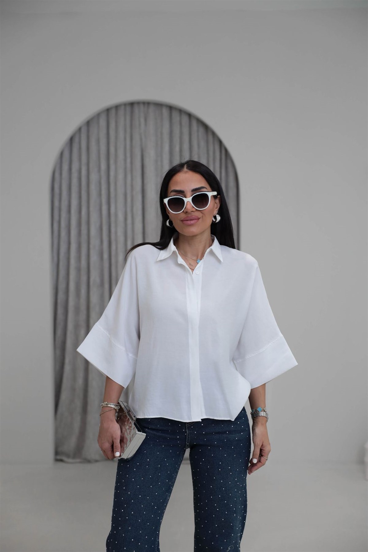 8406 Kısa Kol Tencel Gömlek EKRU