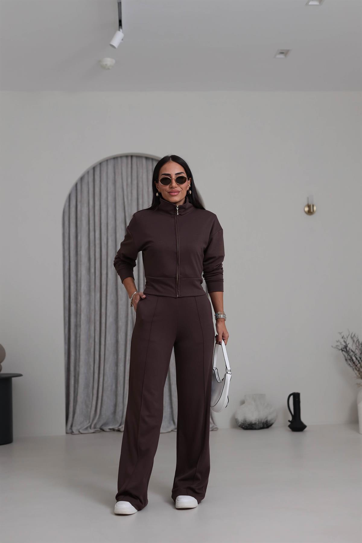 4044 Gold Fermuarlı Modal Kumaş Takım KAHVE