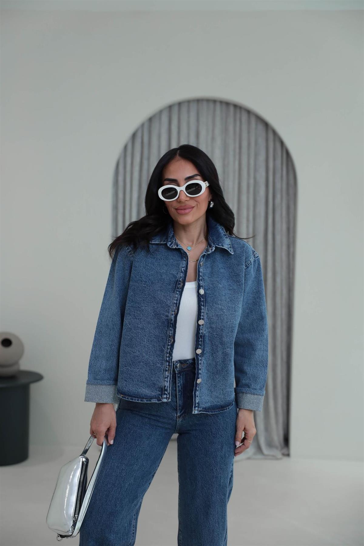 0191 Kol ve Paça Uçları Taşlı Denim Takım MAVİ