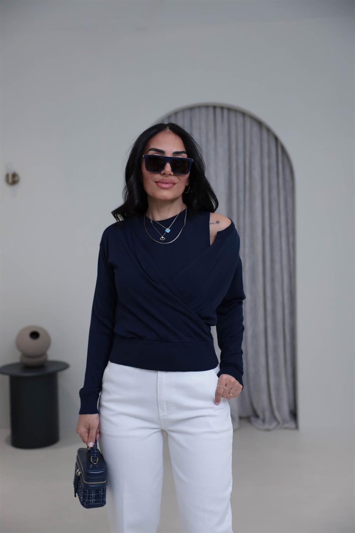 0163 Kruvaze Korsman İkili Takım Triko LACİVERT