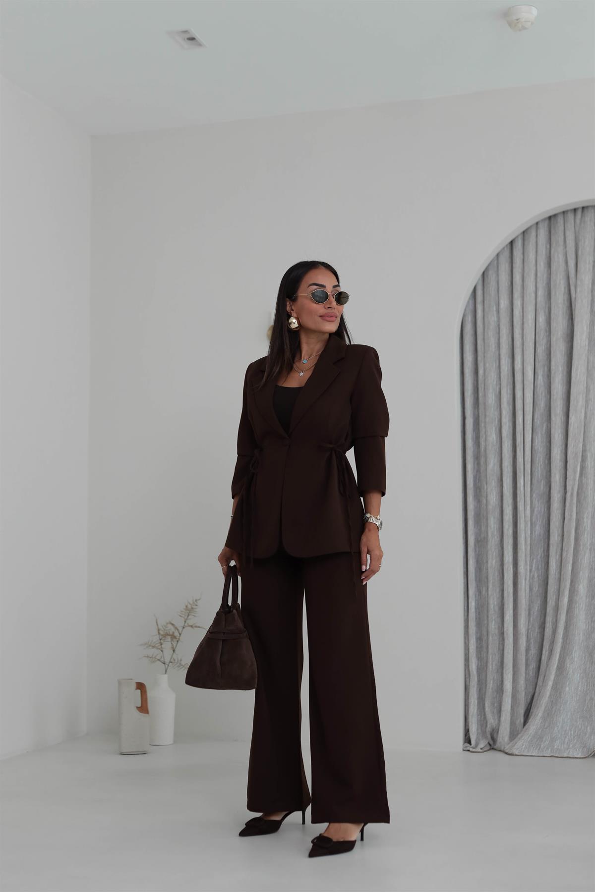 9241 Bağlamalı Oversize Ceketli Takım KAHVE