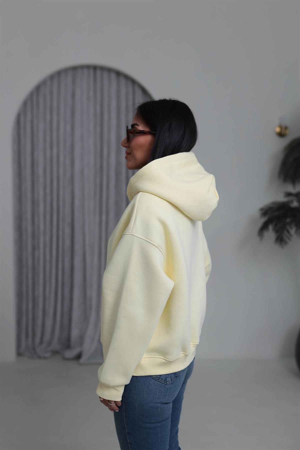 0822 Kapüşonlu Fermuarlı Şardonlu Sweatshirt SARI