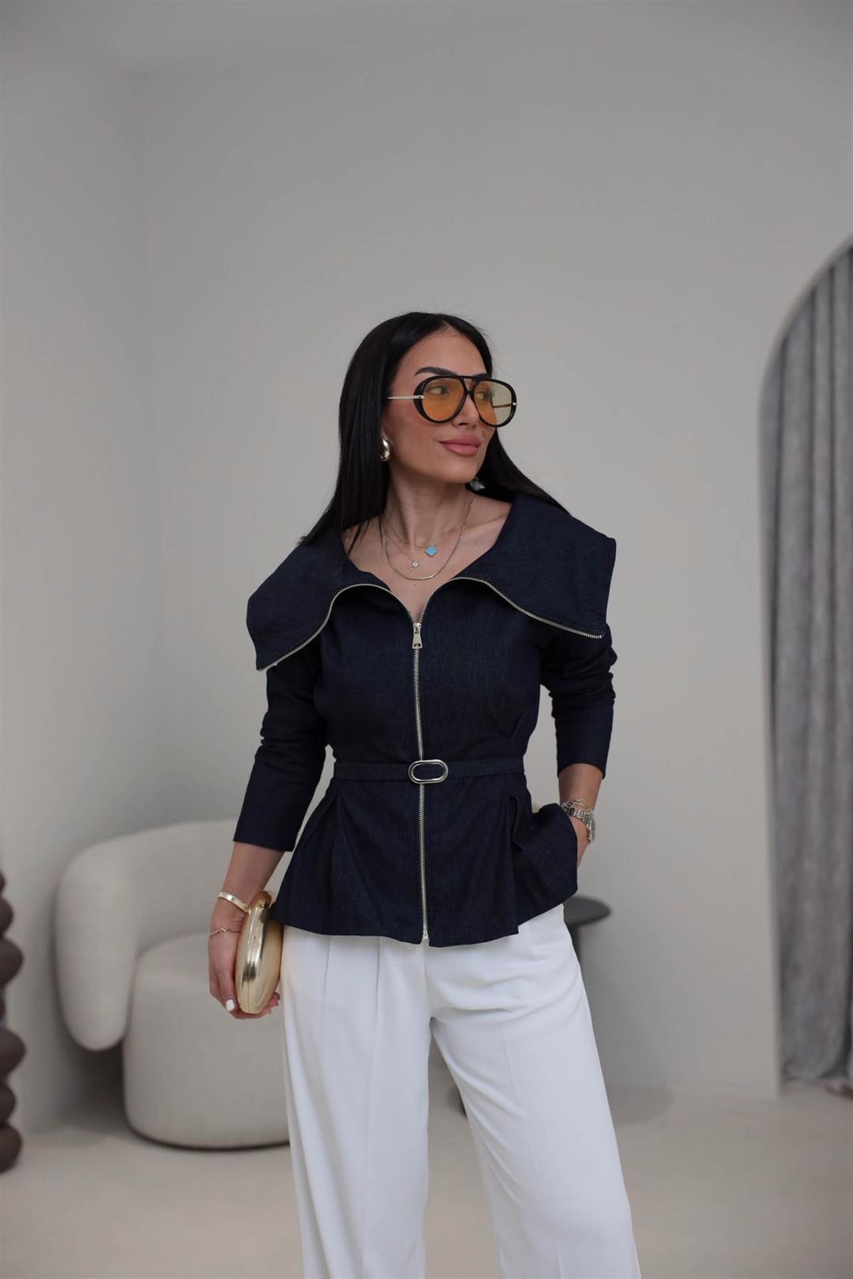 7729 Gömlek Yaka Fermuarlı Kot Bluz LACİVERT