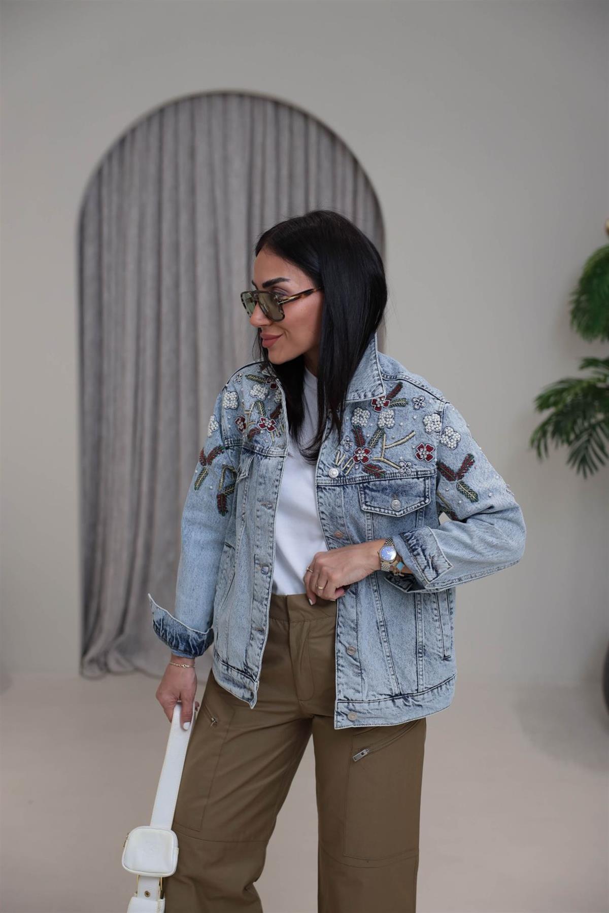 5896 Gömlek Yaka Taşlı İşlemeli Denim Ceket AÇIK MAVİ