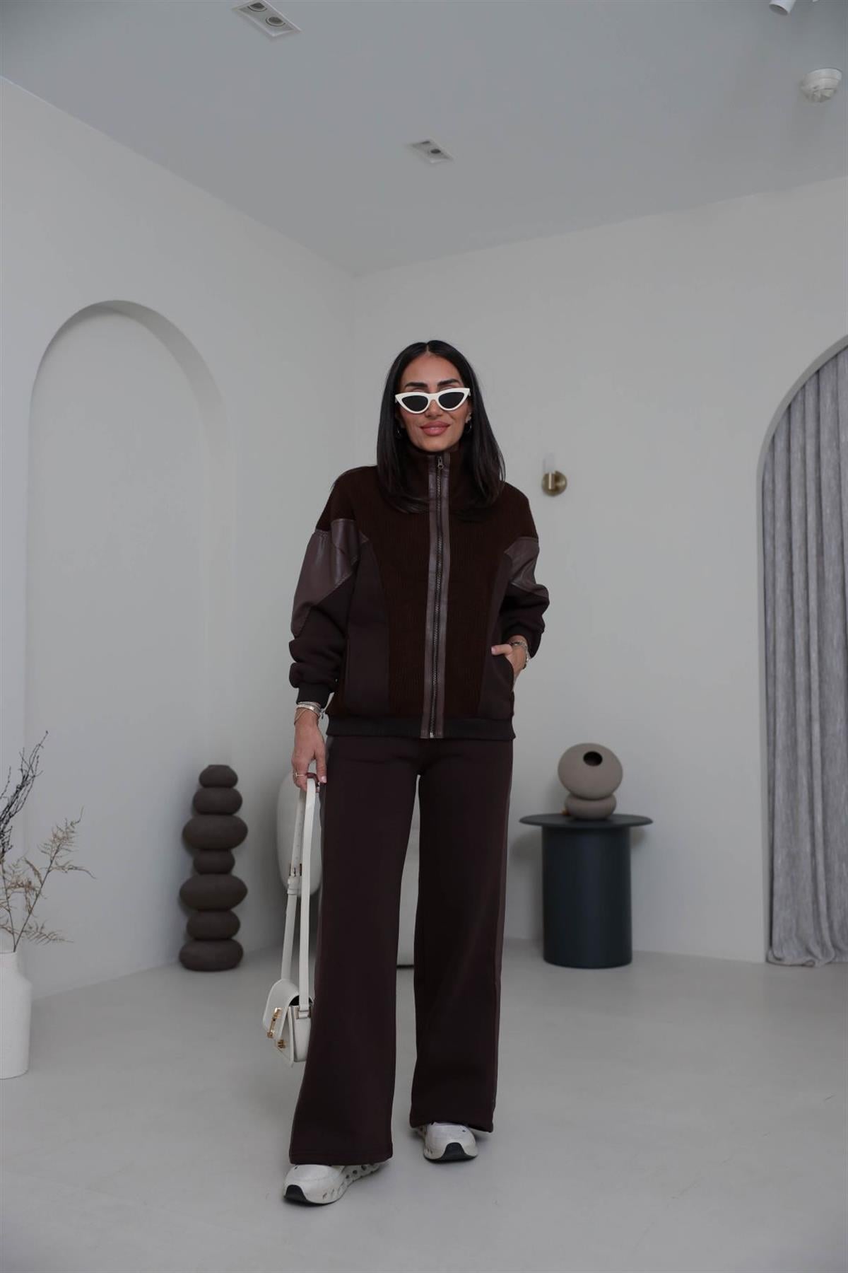 6961 Triko Deri Garnili Tasarım Takım KAHVE