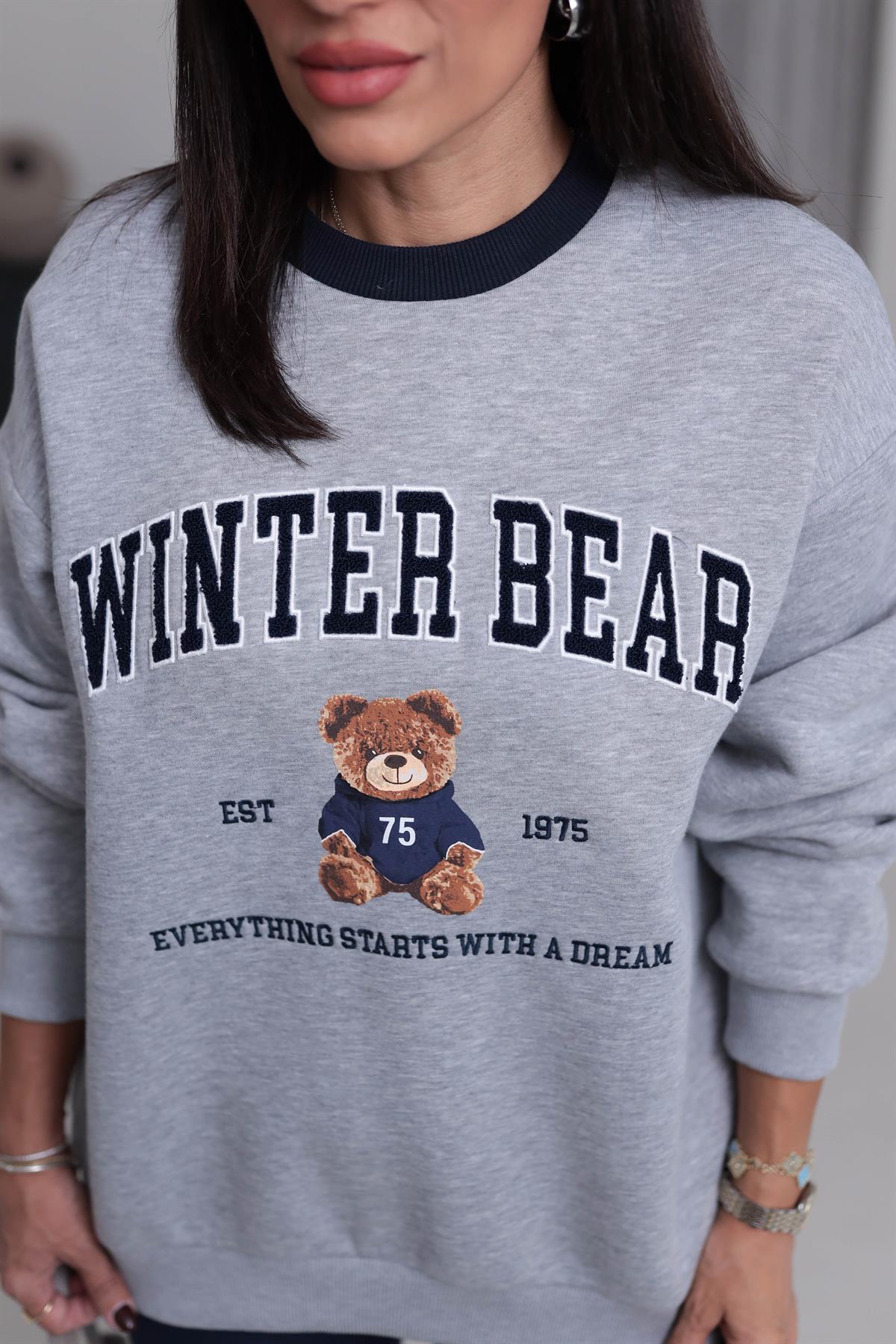 1082 Teddy Baskılı Şardonlu Sweatshirt GRİ MELANJ