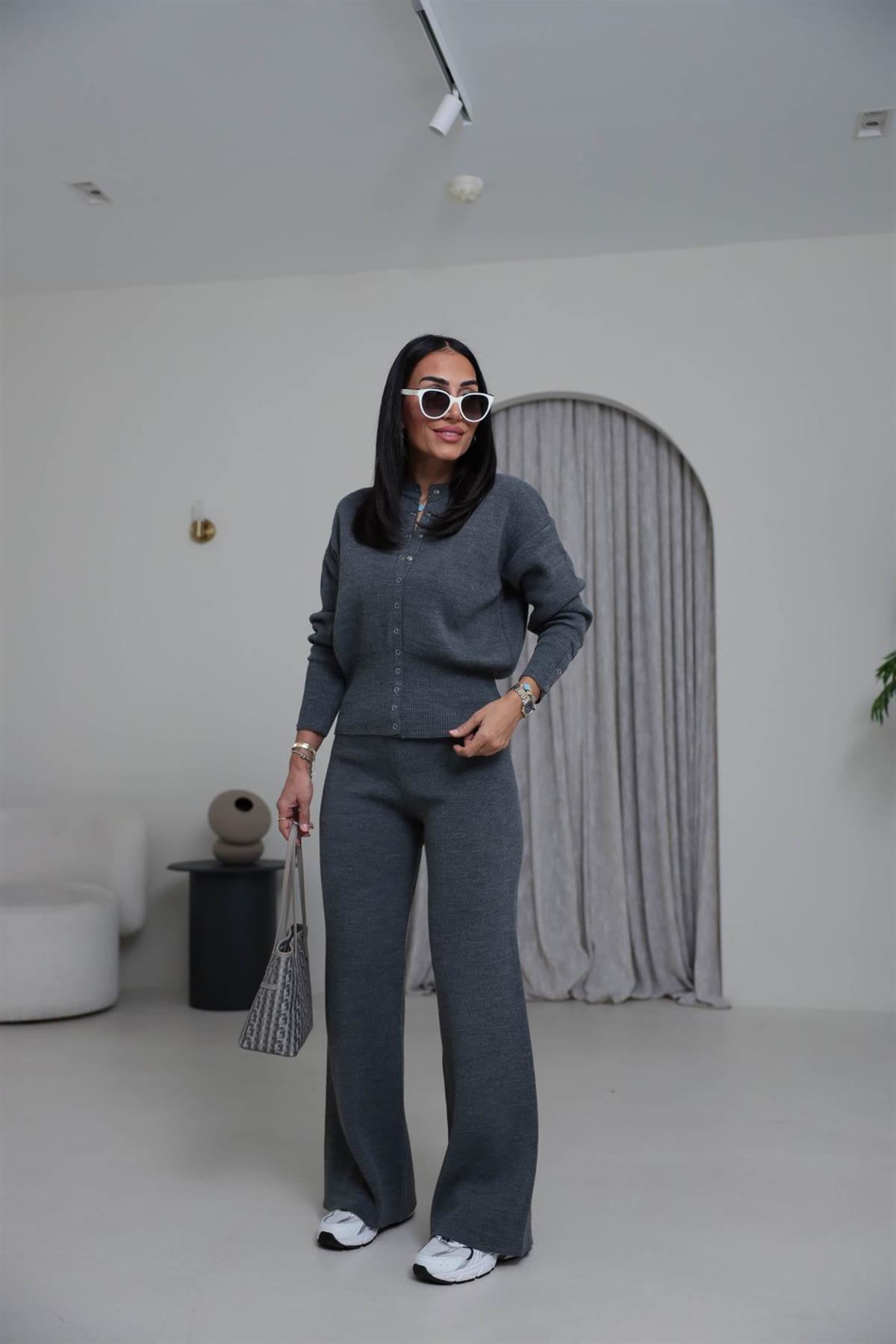 0129 Bisiklet Yaka Çıtçıt Detaylı Triko Takım KOYU GRİ