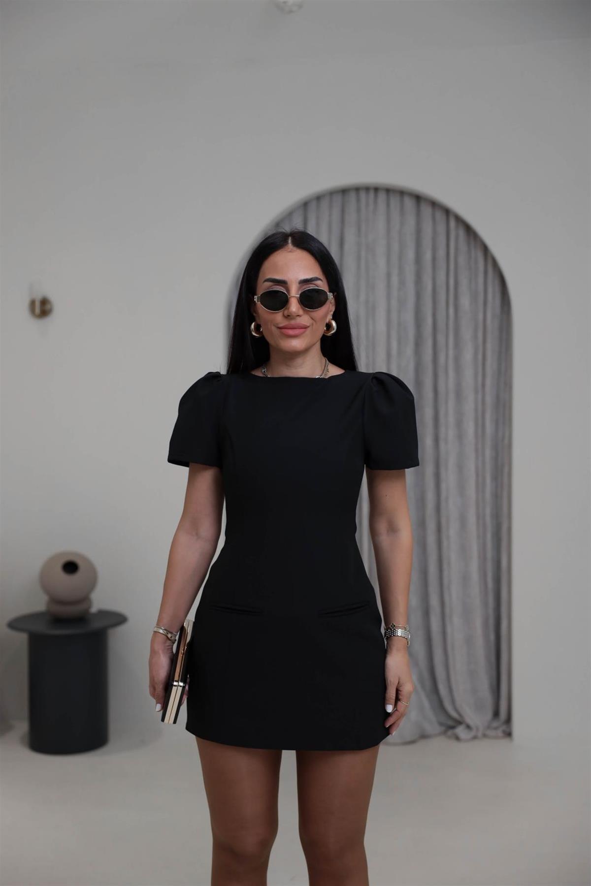 0789 Balon Kol Cep Detaylı Mini Elbise SİYAH