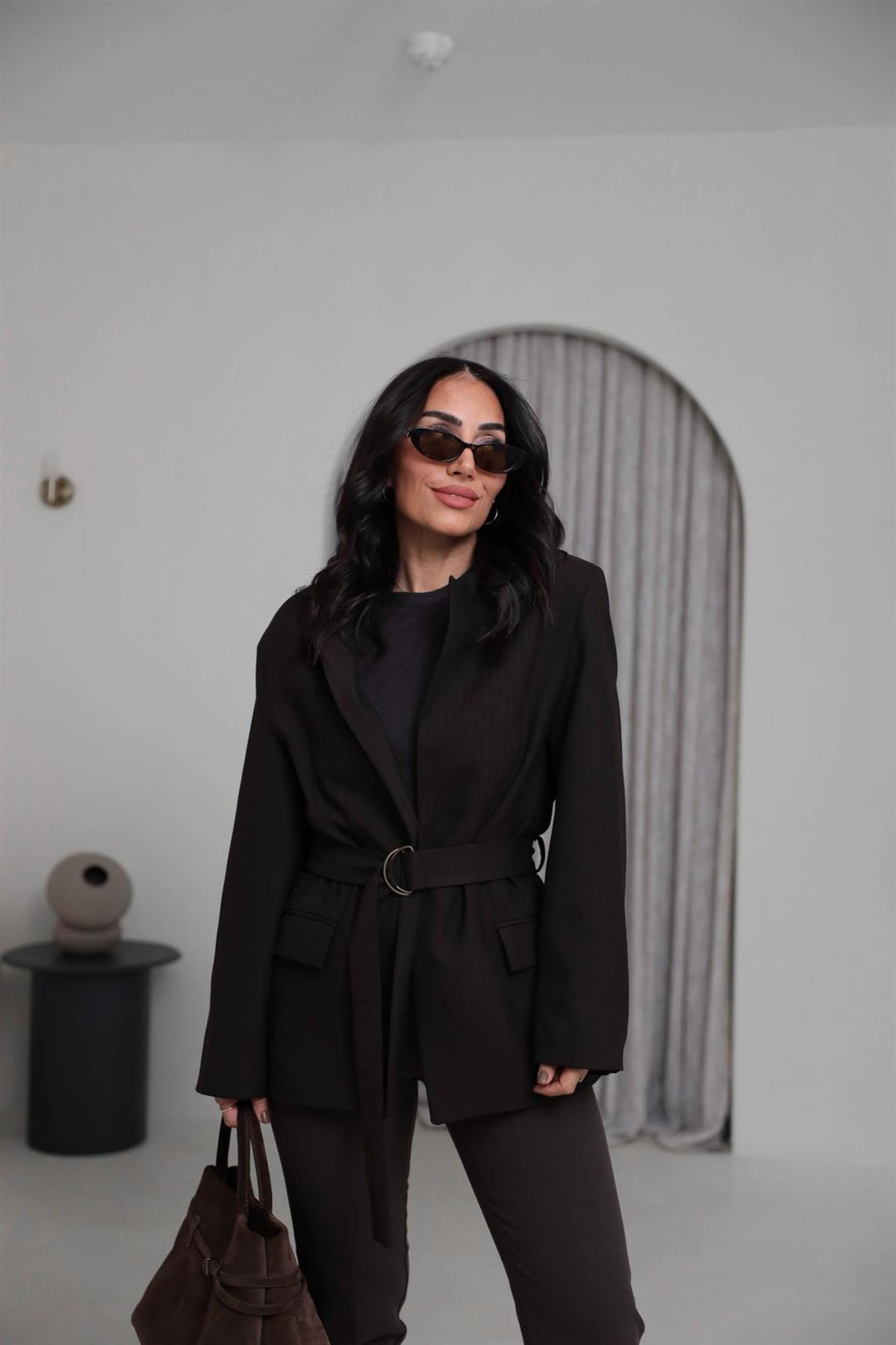 1284 Vatkalı Kemerli Balıksırtı Blazer Ceket KAHVE