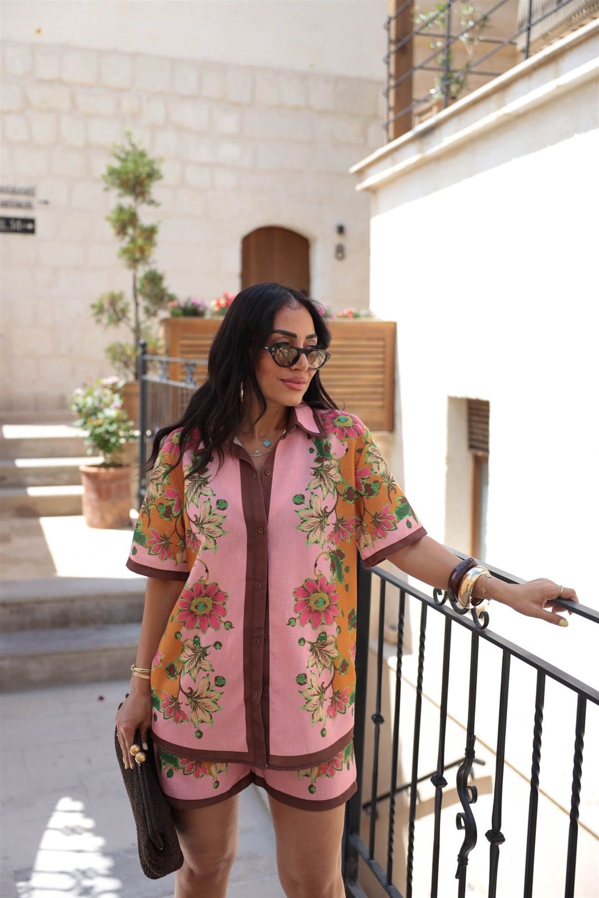 8041 Retro Flora Kahve Şeritli Keten Takım PEMBE