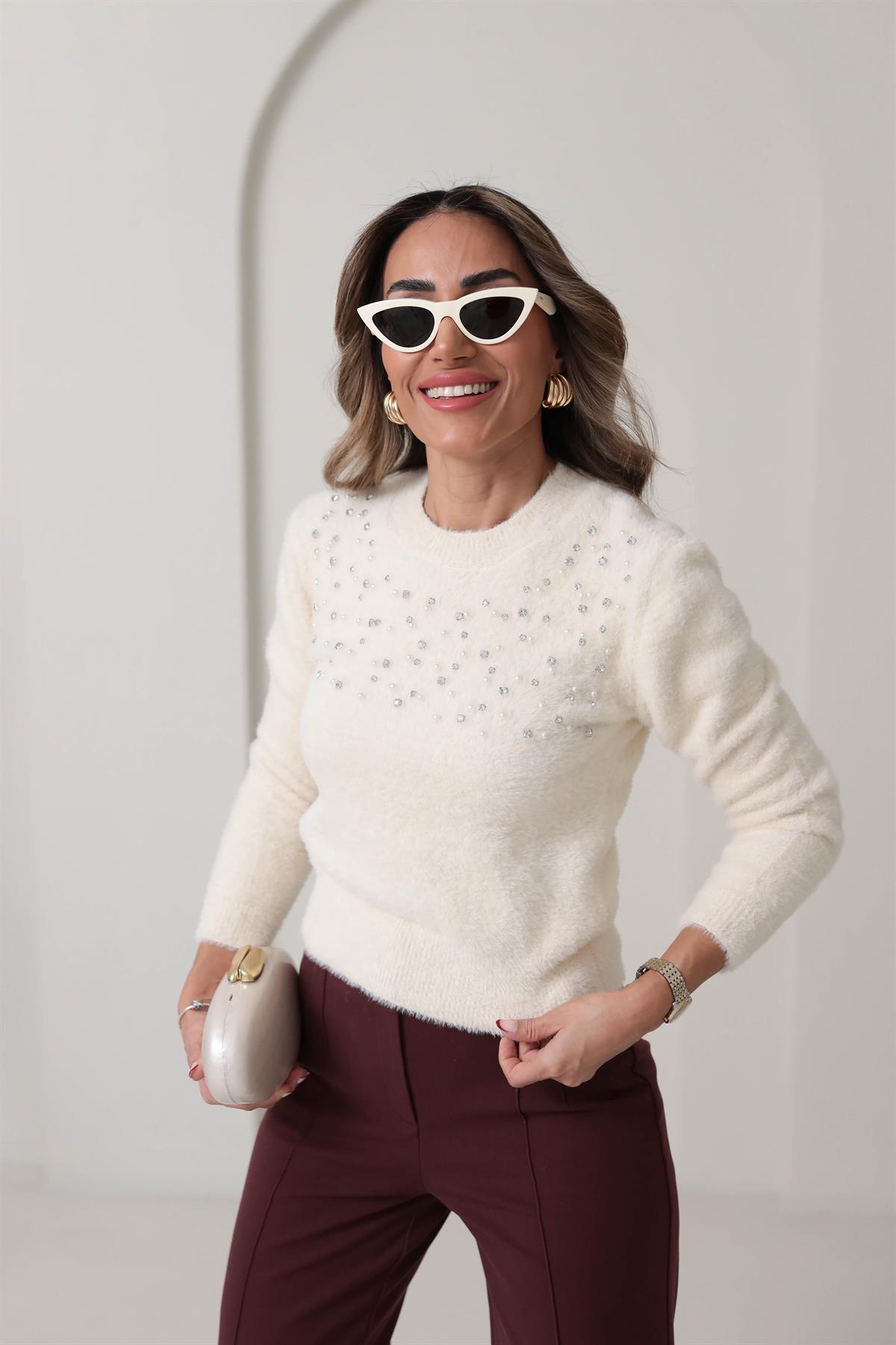 7645 Angora Beyoğlu Taşlı Kazak EKRU