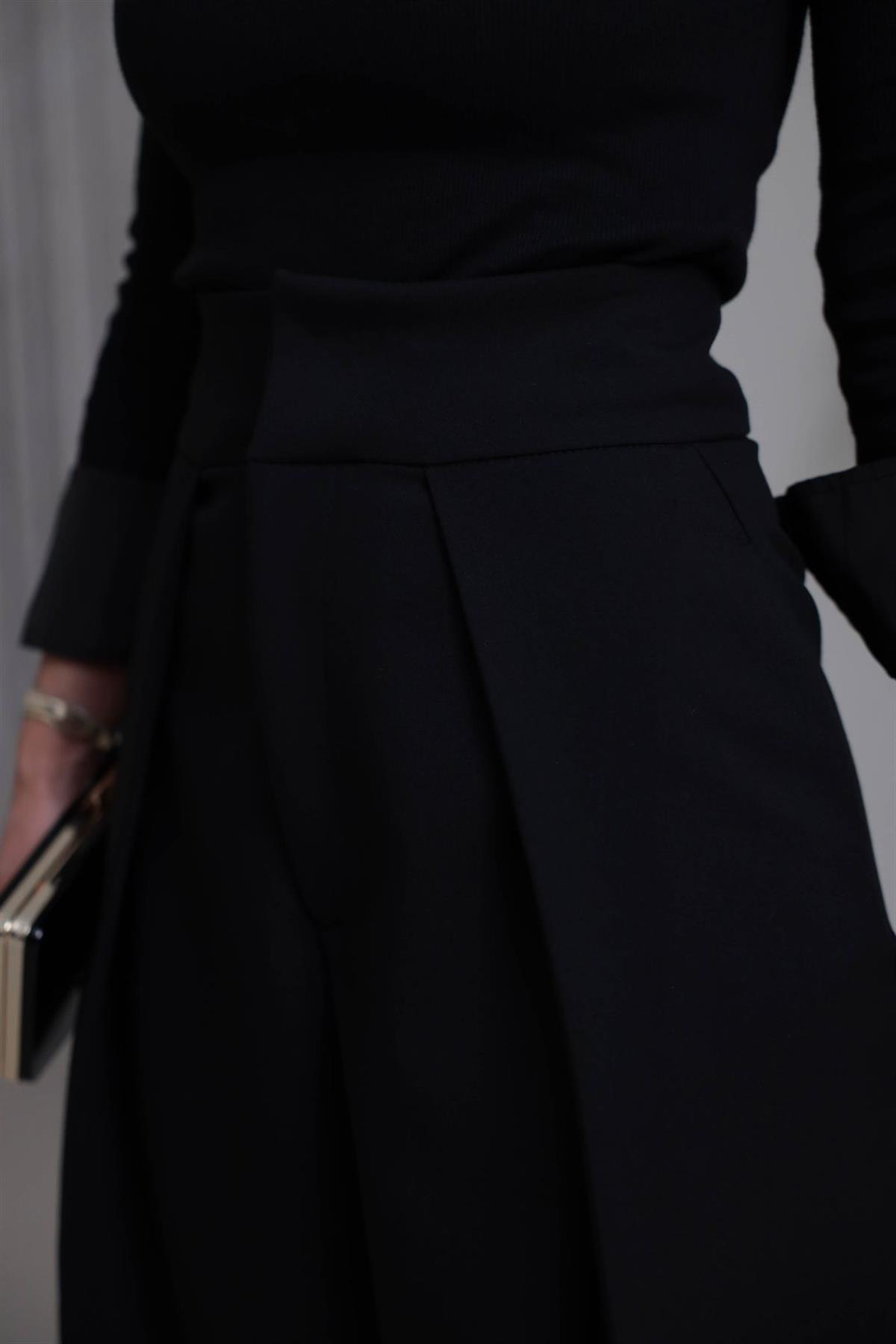 7358 Pileli Kumaş Pantolon SİYAH