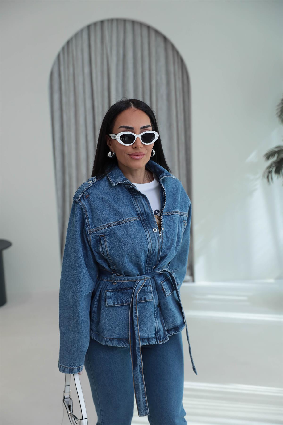 0568 Apoletli Kuşaklı Denim Ceket MAVİ