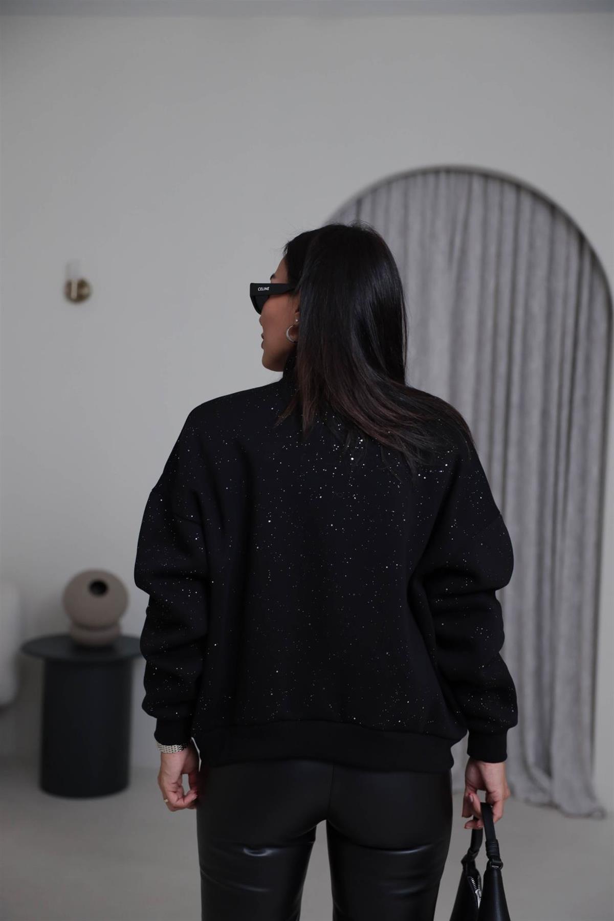 4222 Dik Yaka Önden Fermuarlı Simli Sweatshirt SİYAH