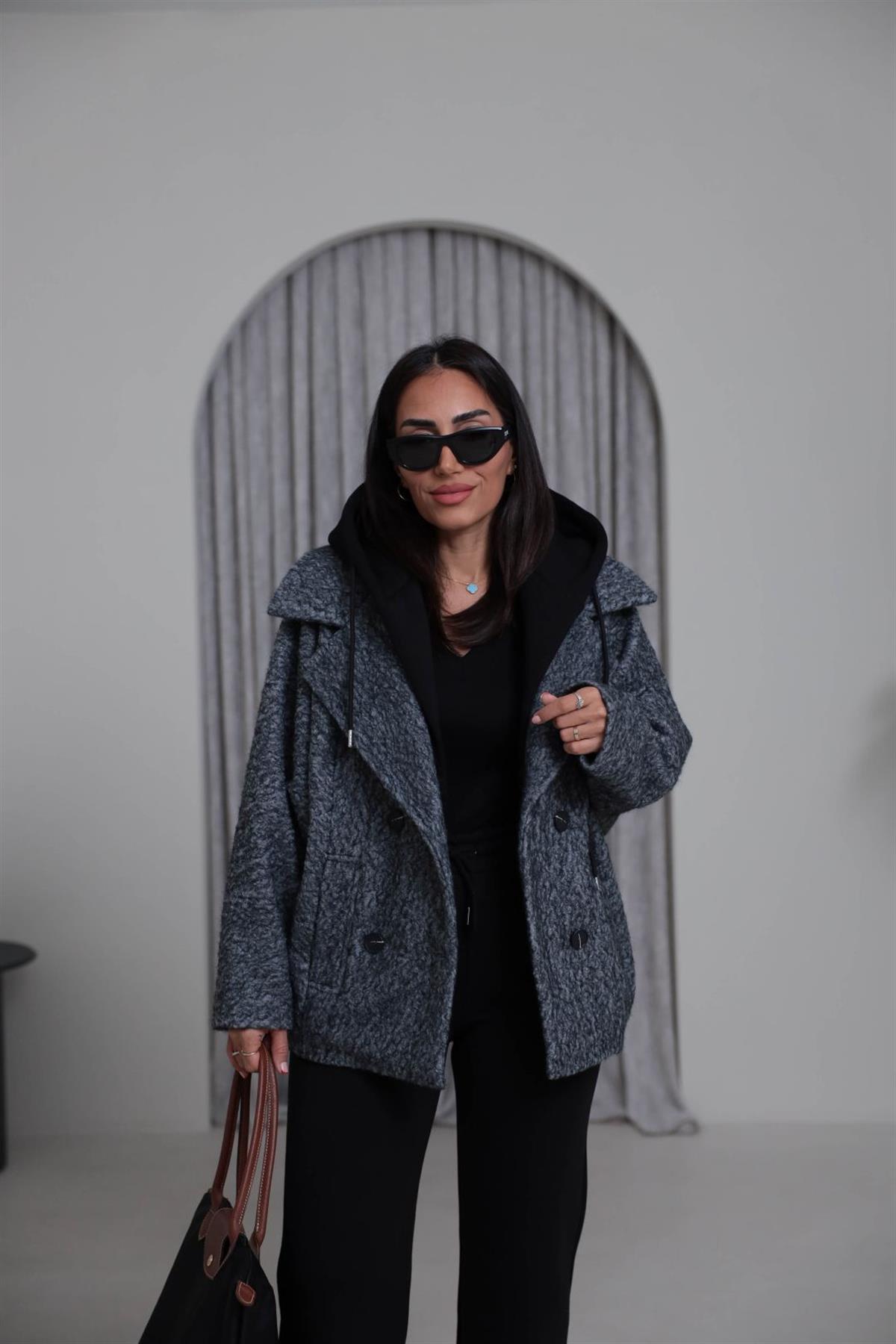 9690 Kapşon Detaylı Buklet Kaban GRİ-SİYAH