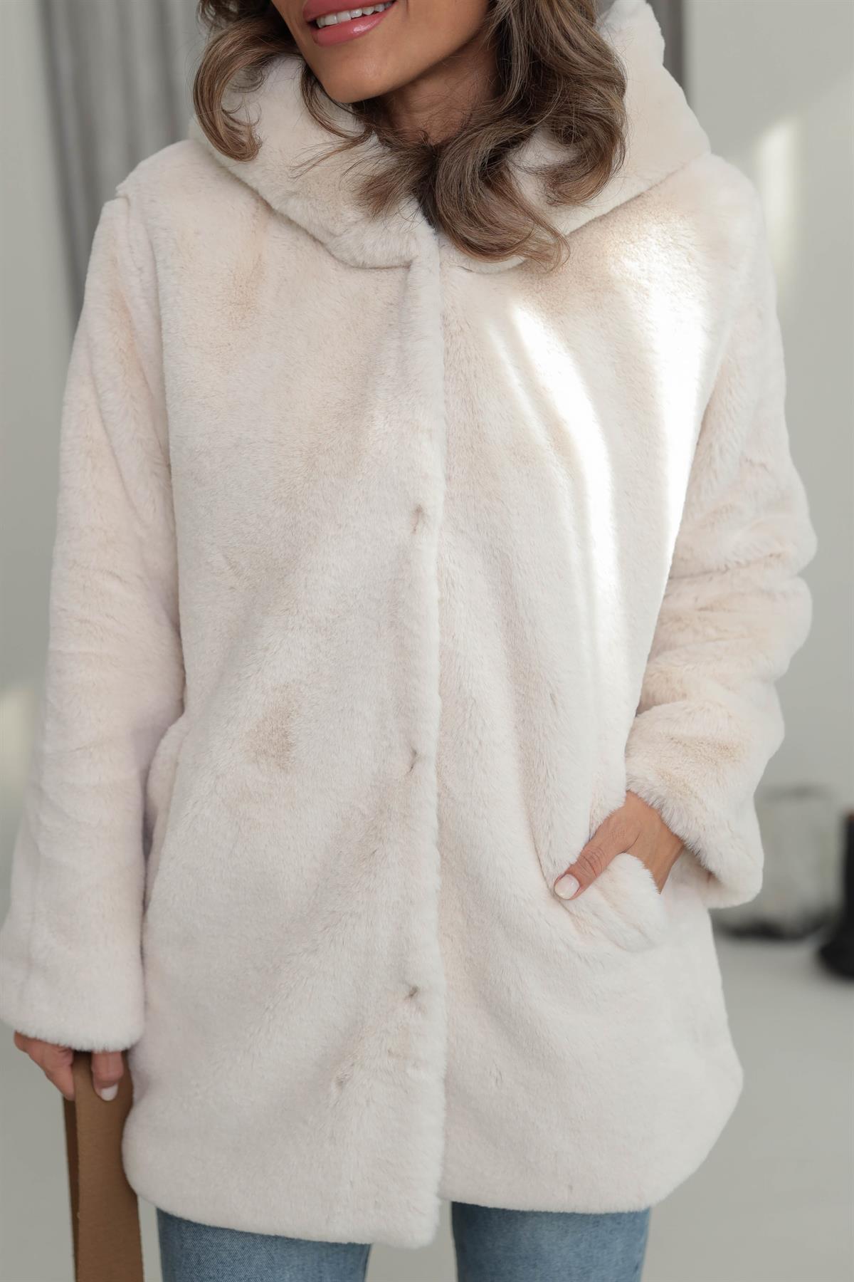 1139 Kapşonlu Kalın Kürk EKRU