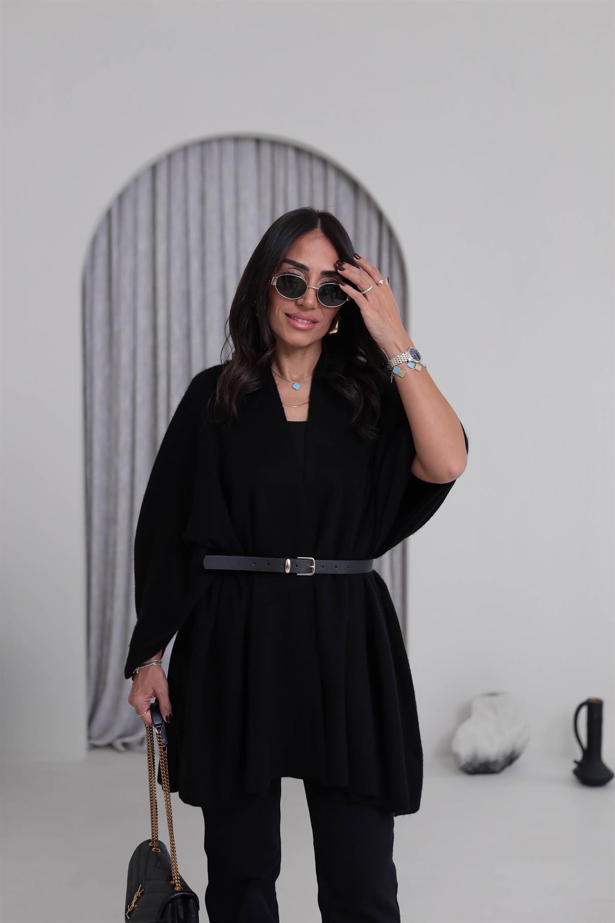 6840 Kemerli Triko Panço Şal SİYAH