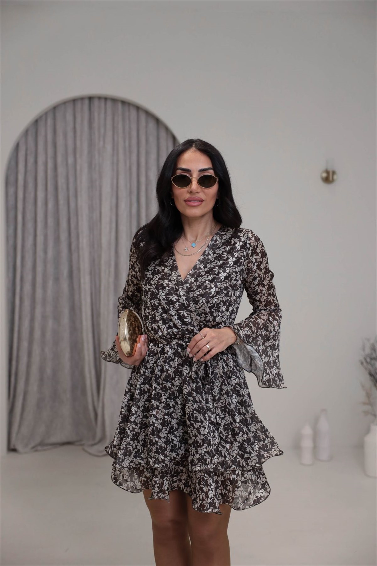 9279 Kruvaze Çiçekli Elbise KAHVE