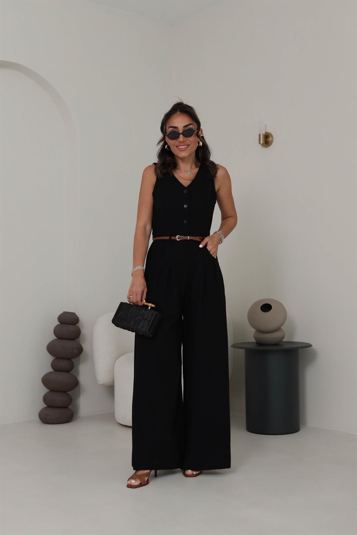 0022 Sıfır Kol Kemerli Keten Tulum SİYAH