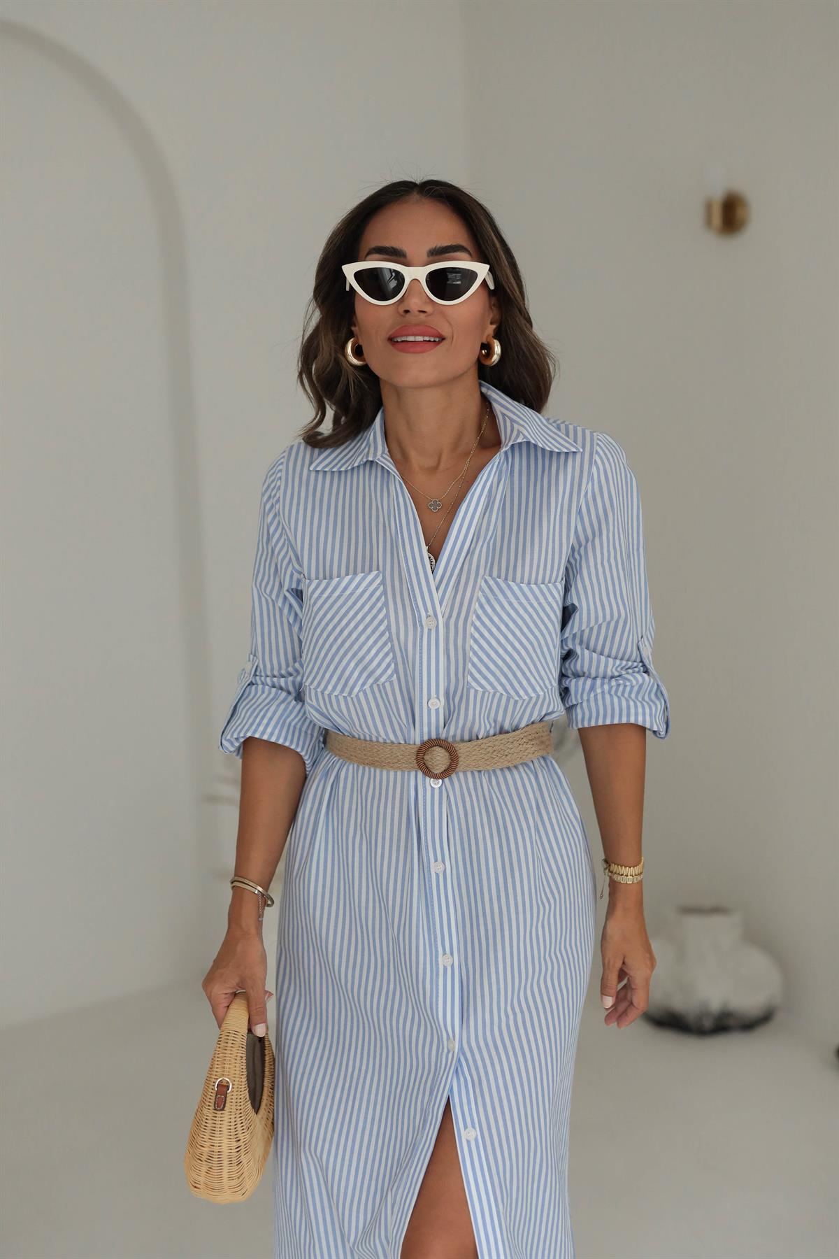 Hasır Kemerli Cep Detaylı Çizgili Gömlek Elbise