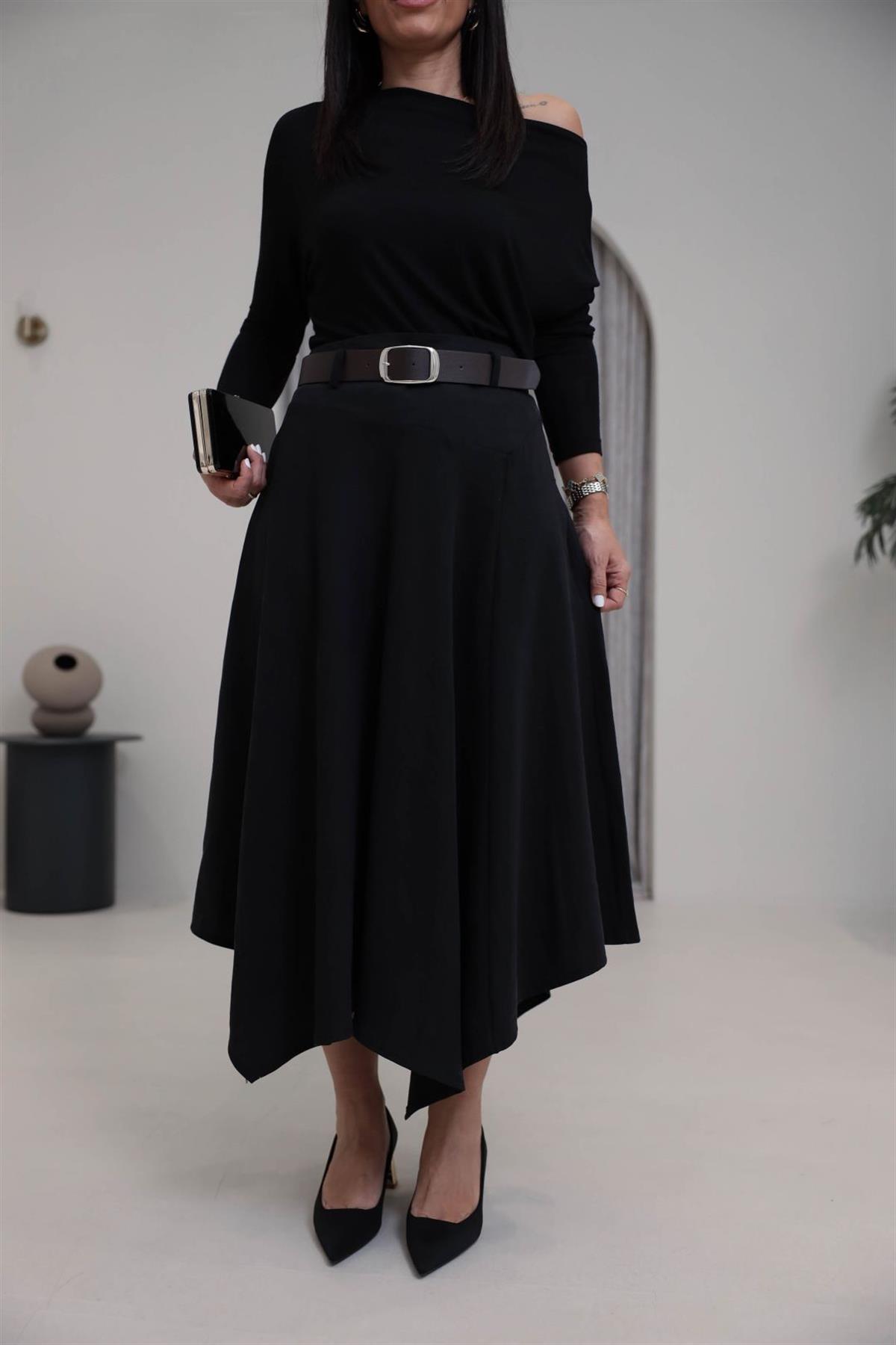 0670 Asimetrik Dikiş Detay Kemerli Kloş Etek SİYAH