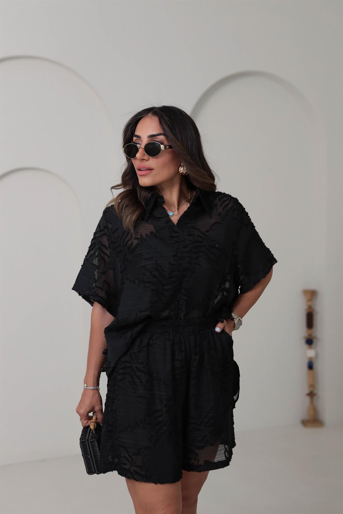 8854 İthal Jakarlı Gömlek Şort Takım SİYAH