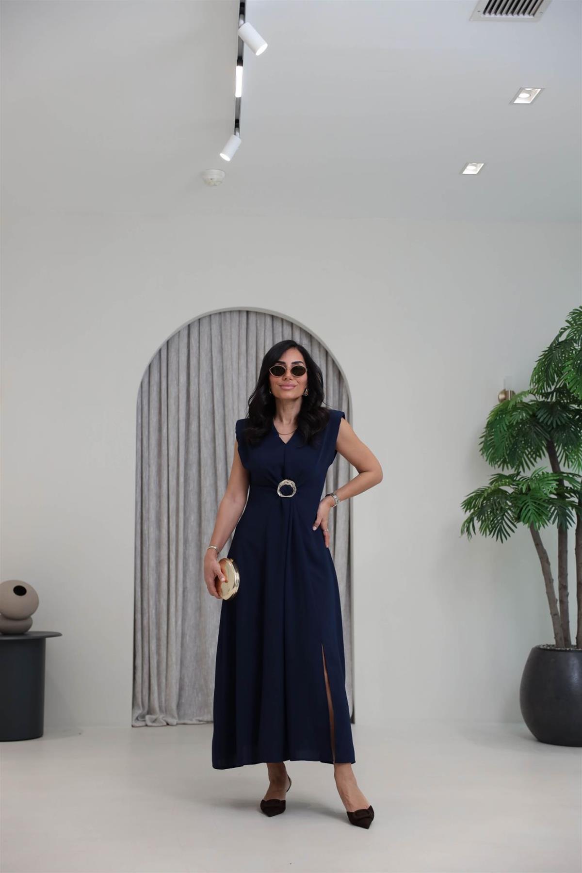 3865 V Yaka Gold Tokalı Maxi Elbise LACİVERT