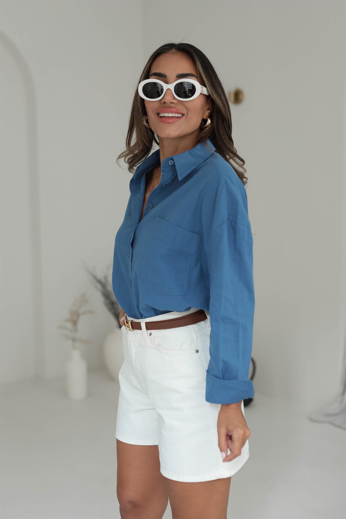 4719 Cep Detaylı Keten Gömlek