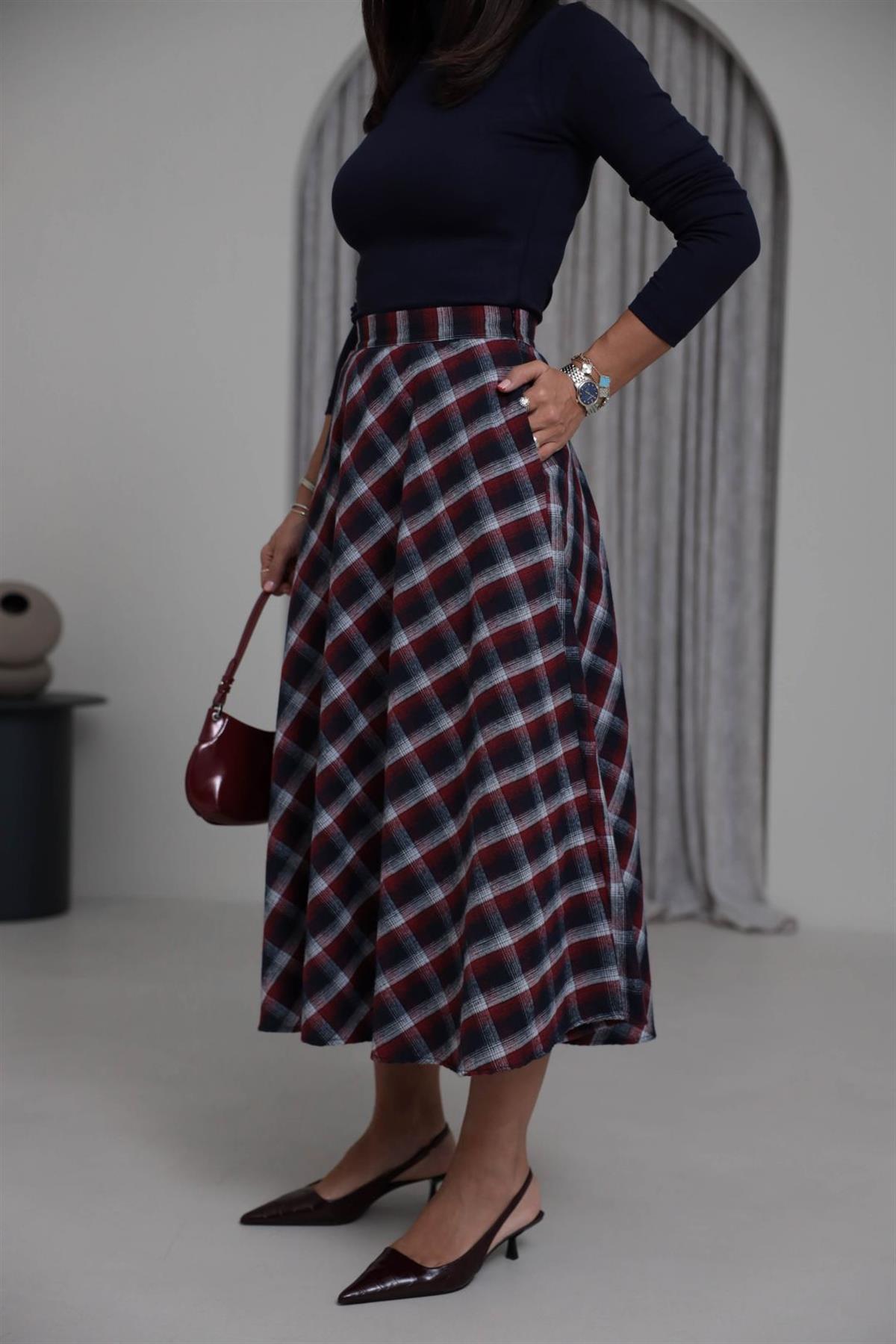 4086 Midi Boy Ekose Etek BORDO-LACİ