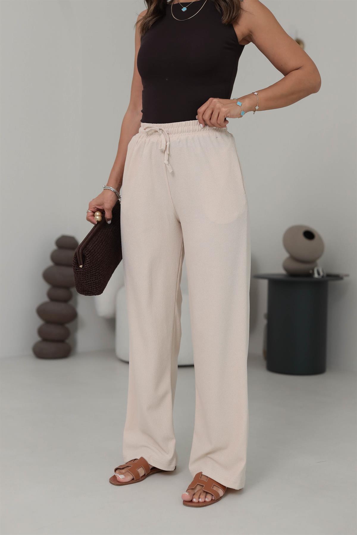 0104 Bol Paça Beli Lastikli Örme Pantolon PUDRA