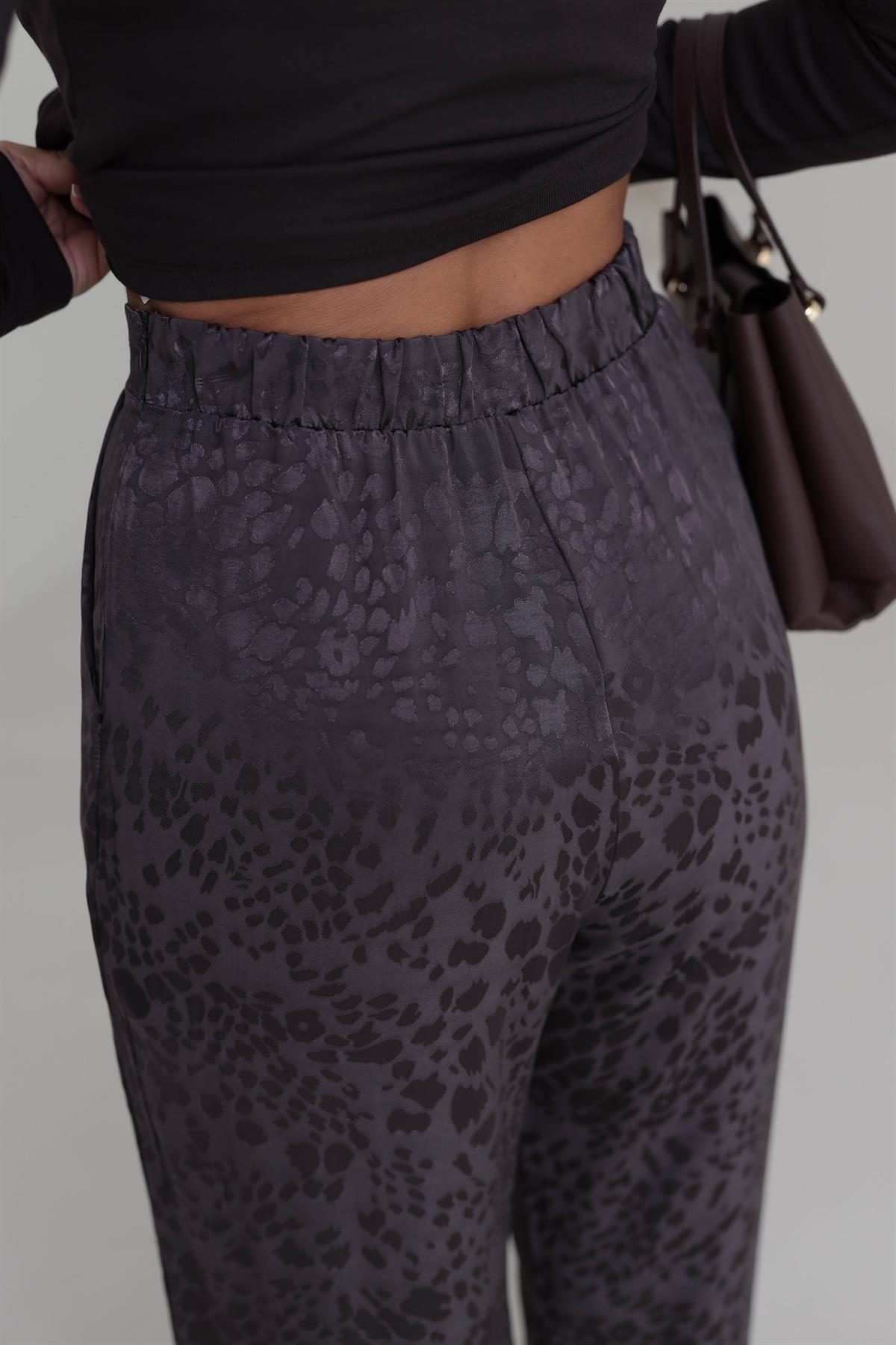 0338 Leopar Desen Saten Pantolon ACI KAHVE