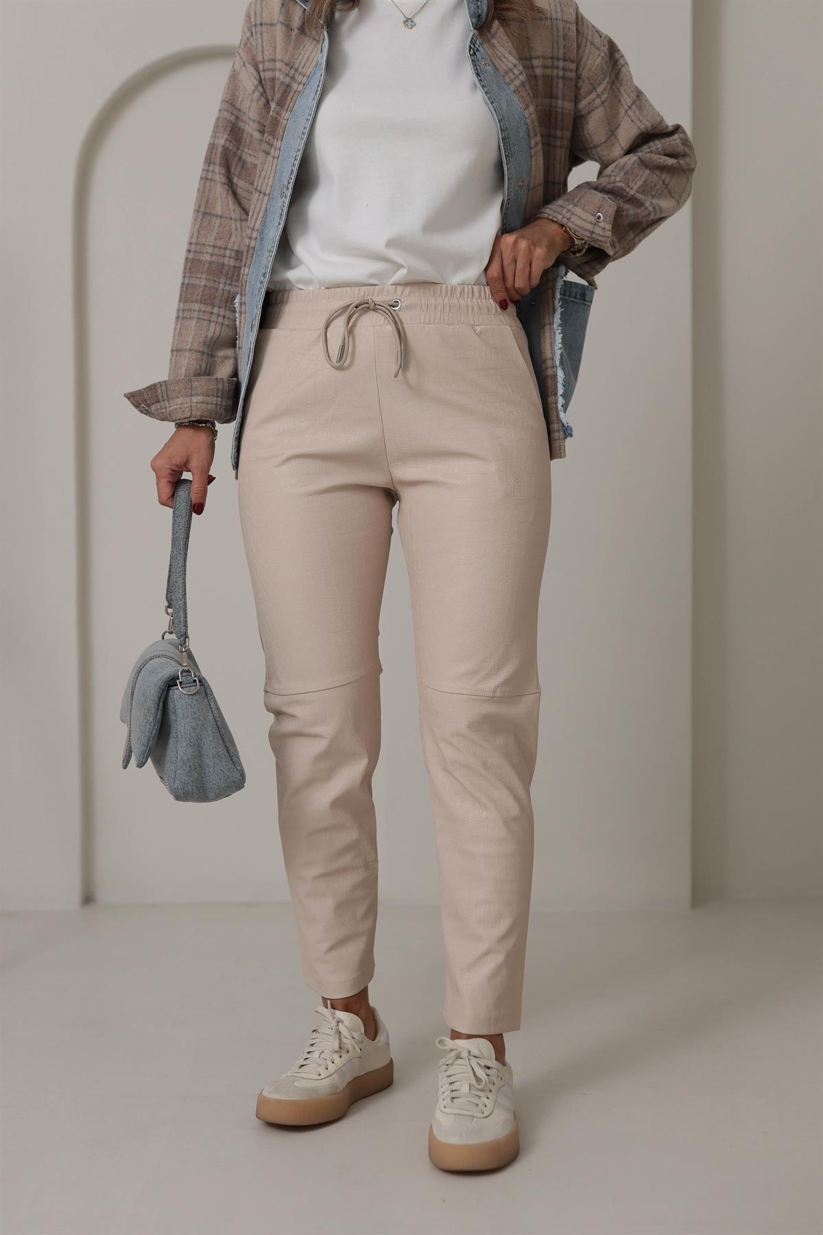 3410 Krokodil Parçalı Deri Pantolon