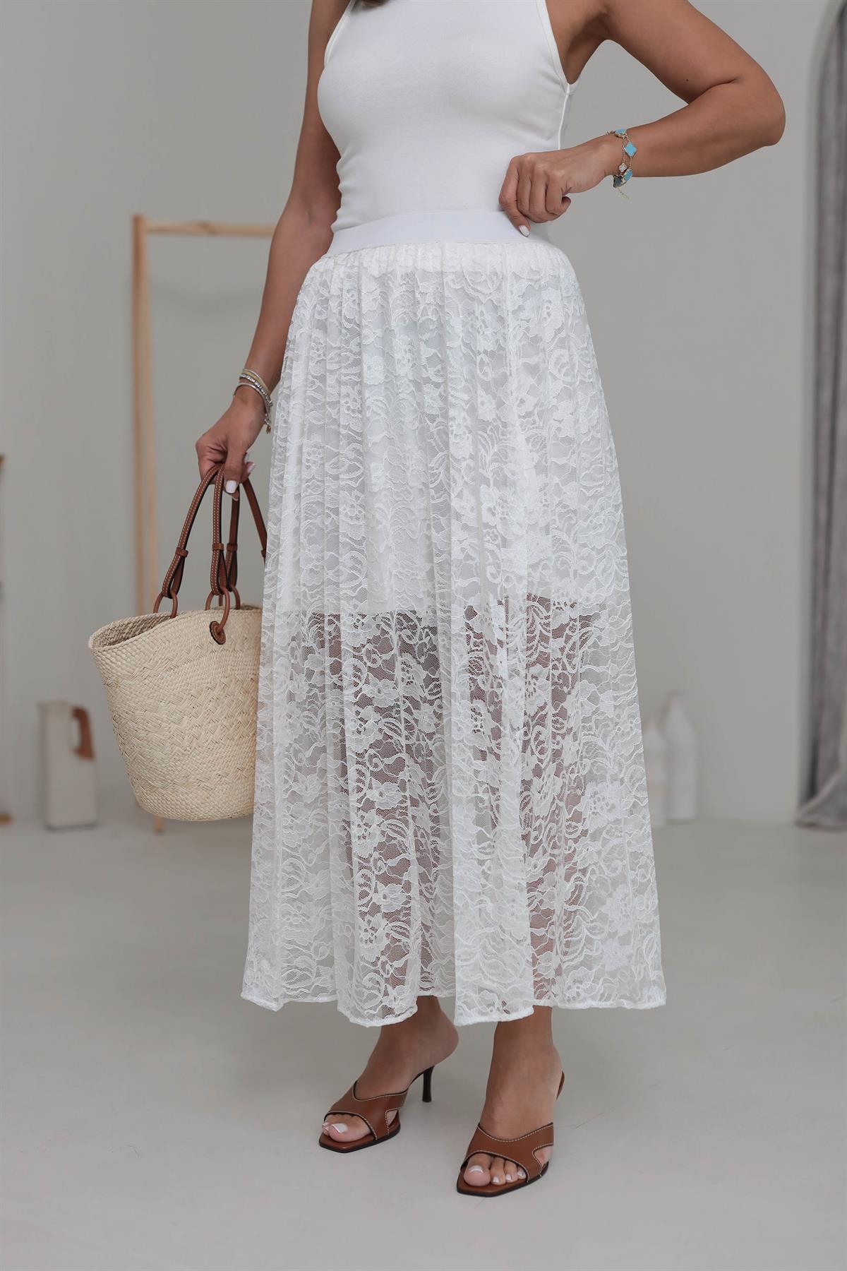 6342 Dantelli Astarlı Etek BEYAZ