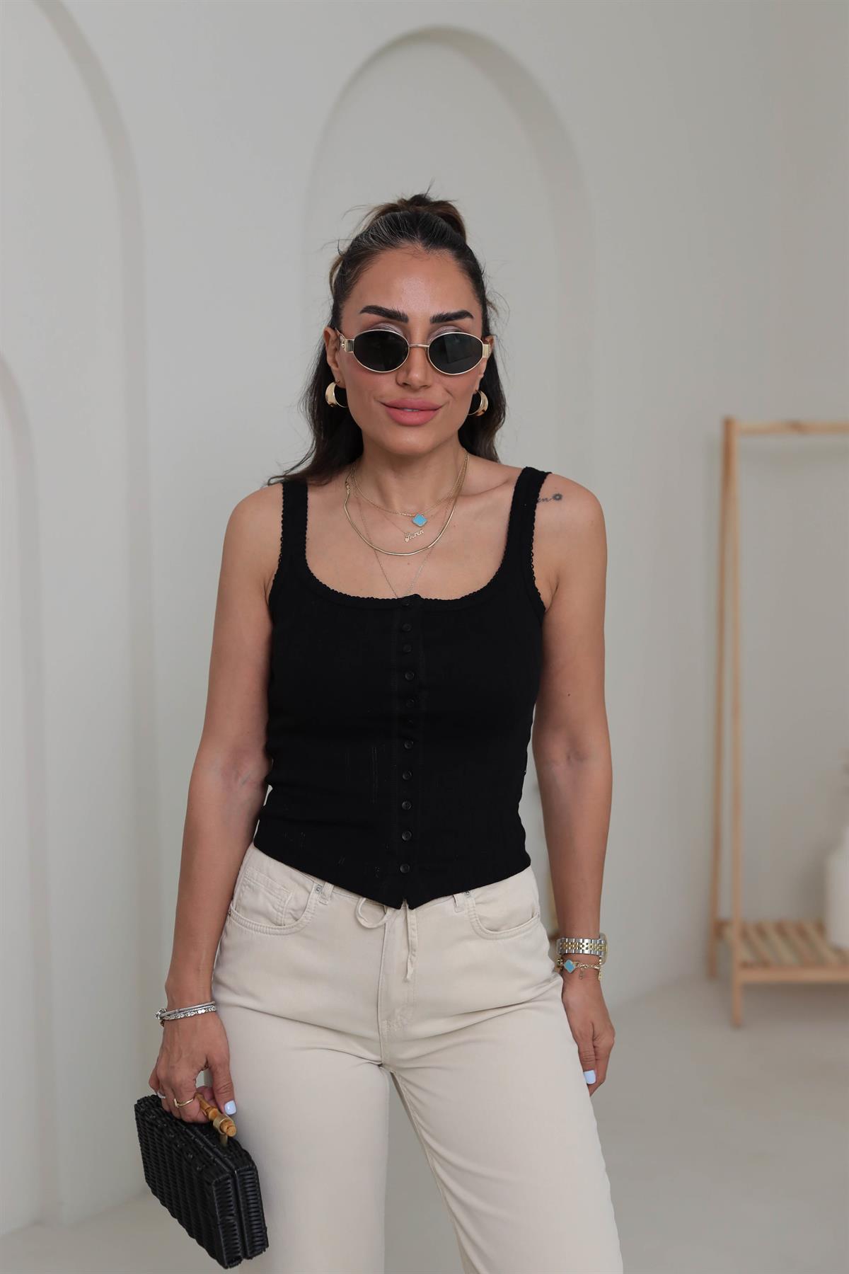 1068 Düğmeli Kare Yaka Top SİYAH