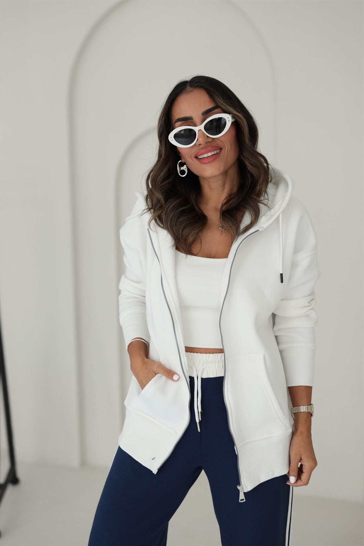 0068 Kapşonlu Fermuarlı Sweatshirt BEYAZ